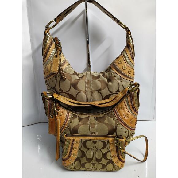 Coach Set of 3 Bags - Soho Brown Signature Canvas Stitched Grommet Studded Hobo - Picture 2 of 12